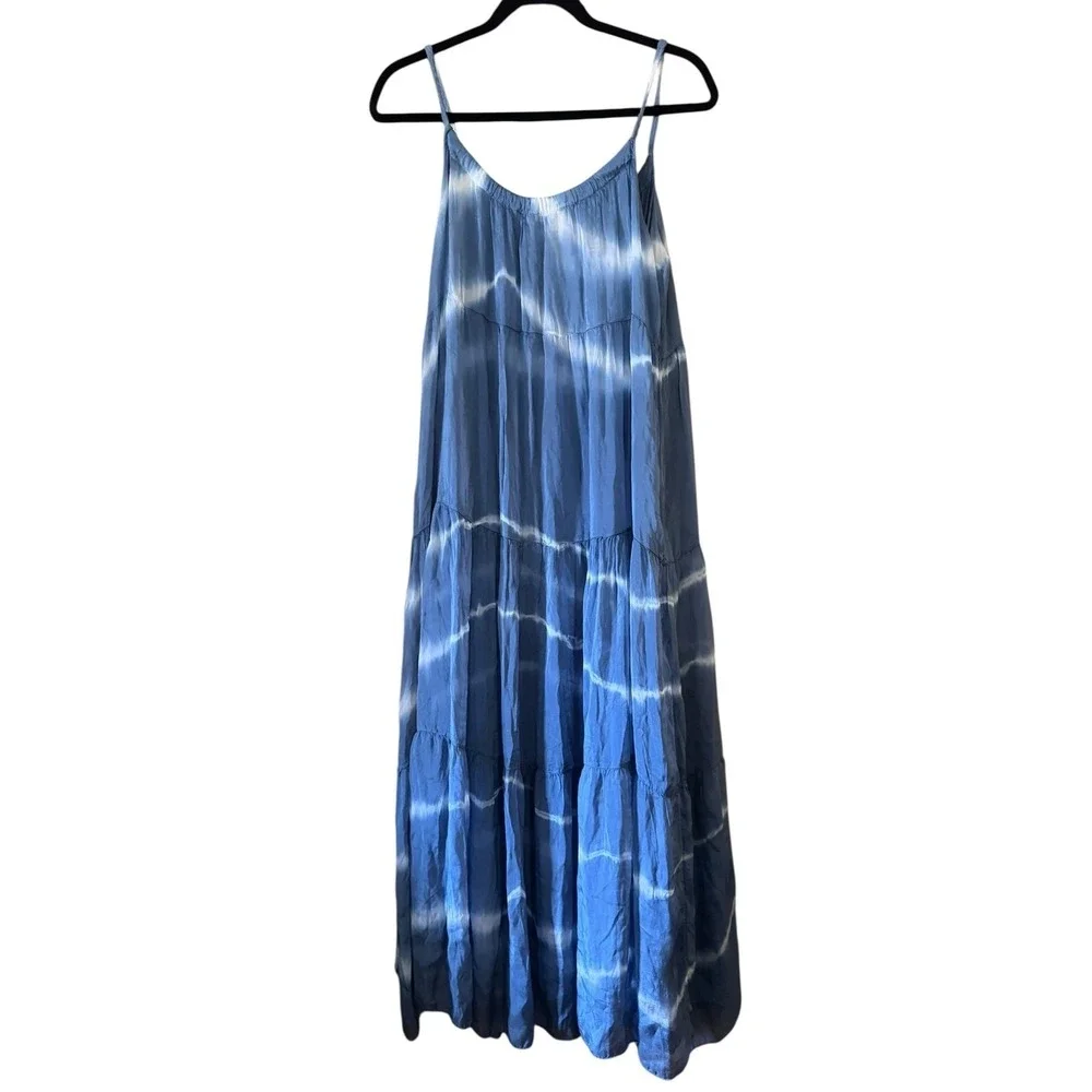 Elena Baldi Maxi Dress XS Blue Tie Dye Silk Blend Tiered Boho Coastal‎
